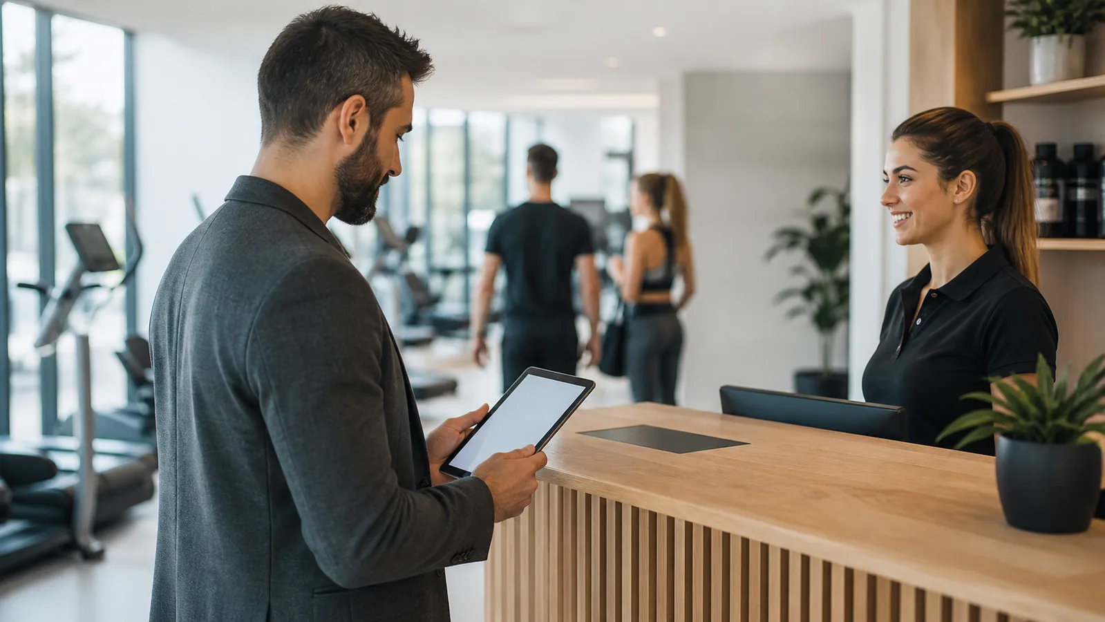 Consultor revisando la experiencia de cliente en un gimnasio