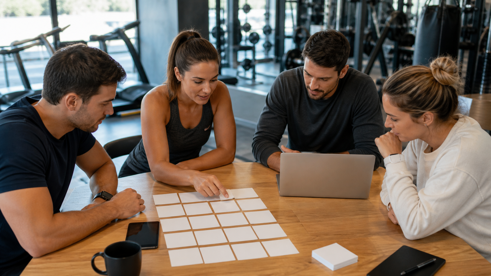 Equipo de un gimnasio planificando el calendario anual de campañas