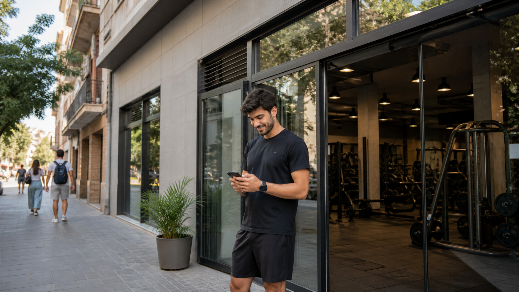 Propietario de un gimnasio revisando la visibilidad local de su centro en un móvil