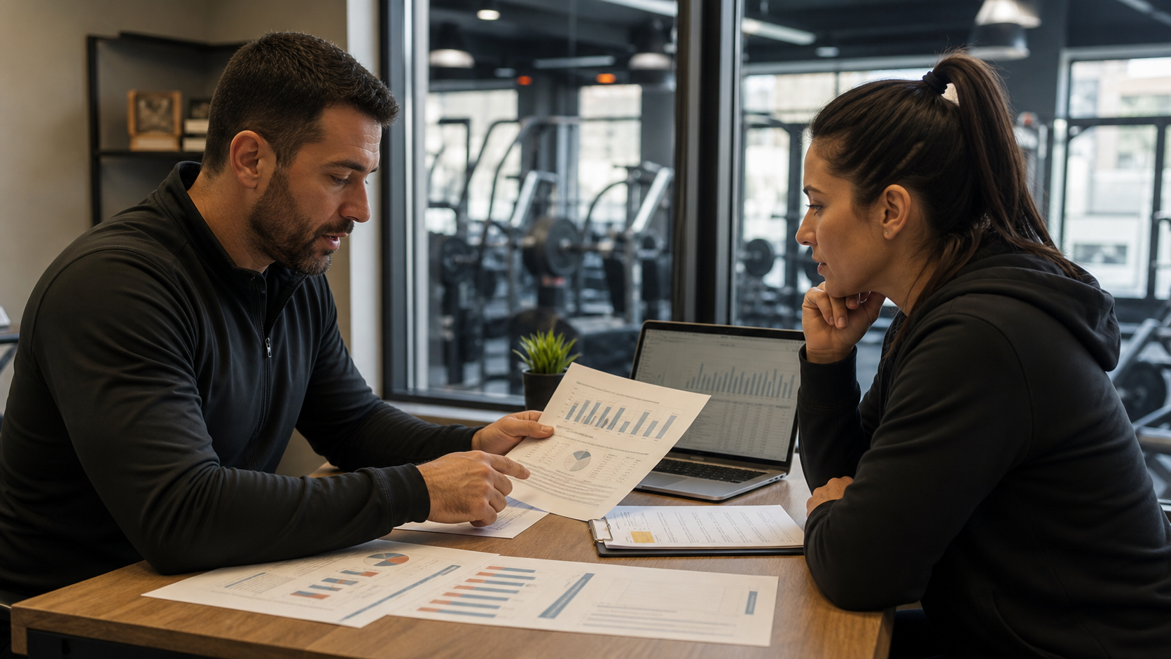 Responsables de un gimnasio revisando un plan de contingencia en una oficina