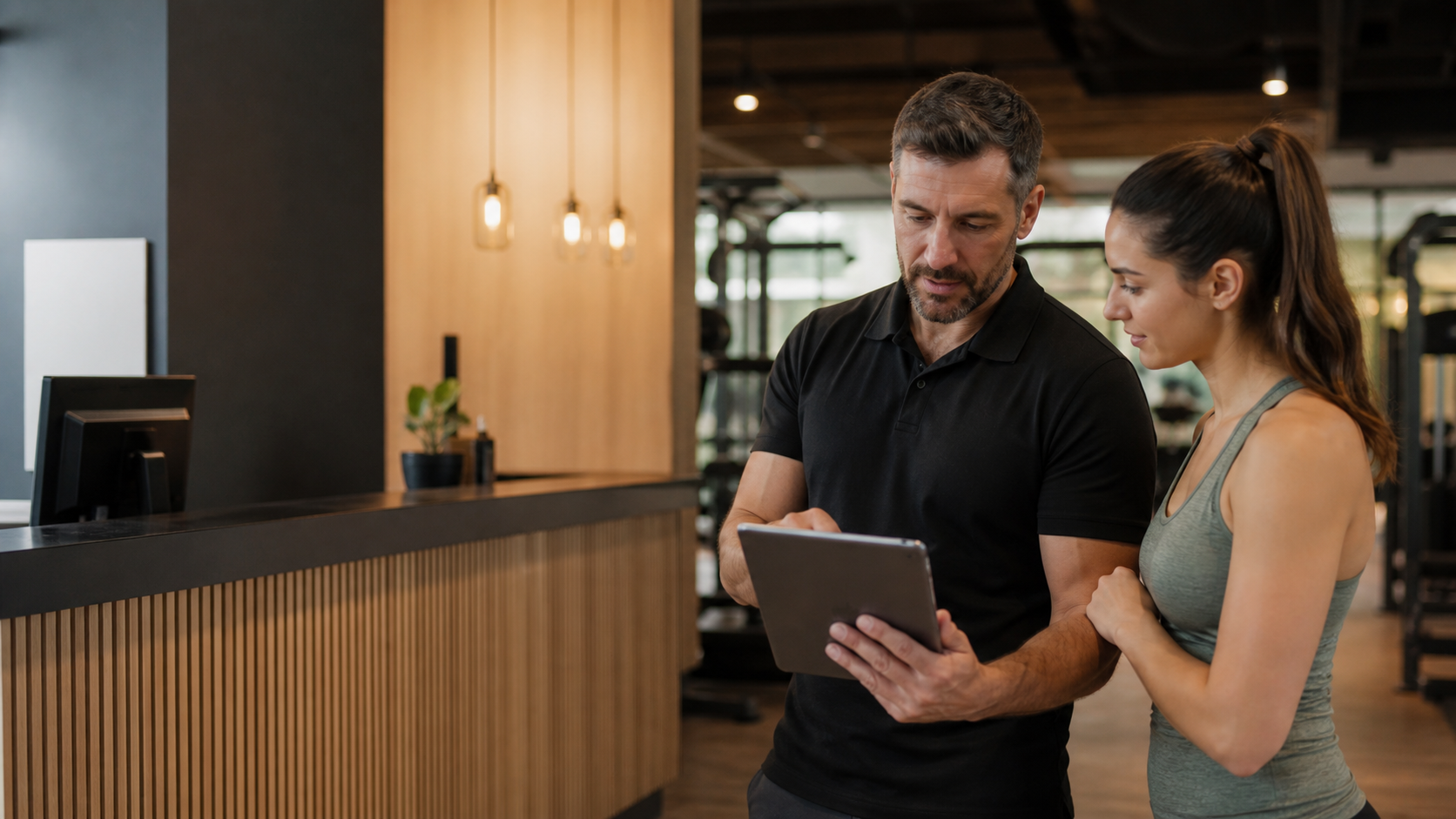 Equipo de un gimnasio revisando reseñas de clientes en una tablet