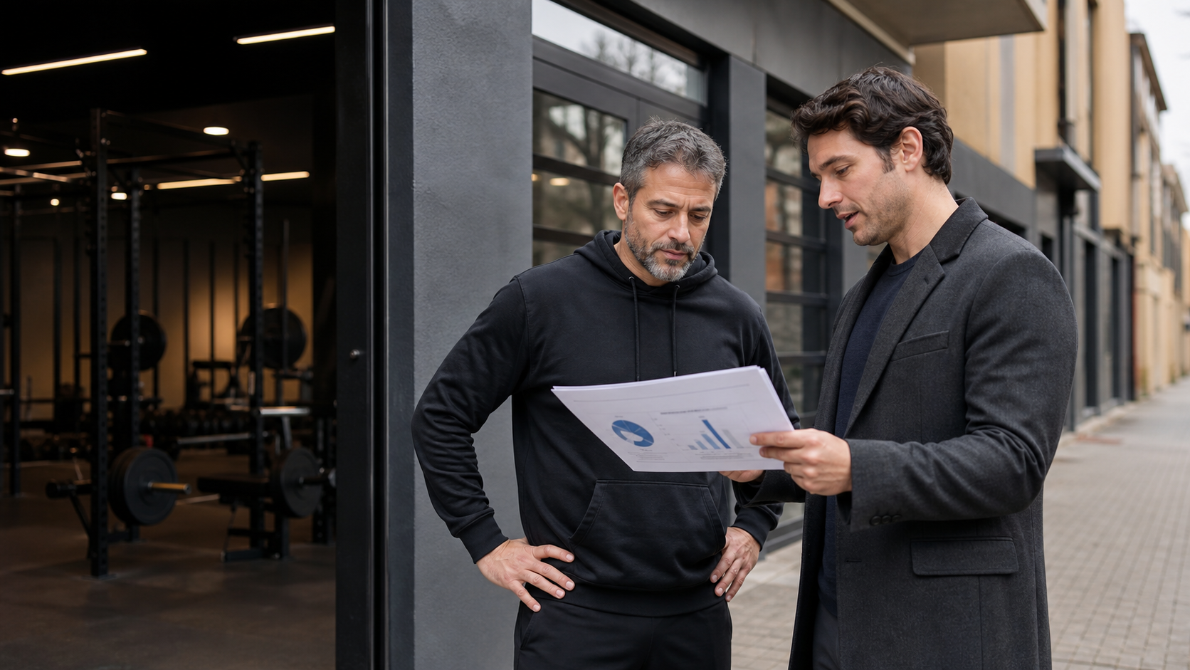 Propietario de un gimnasio comparando opciones de negocio con una consultora