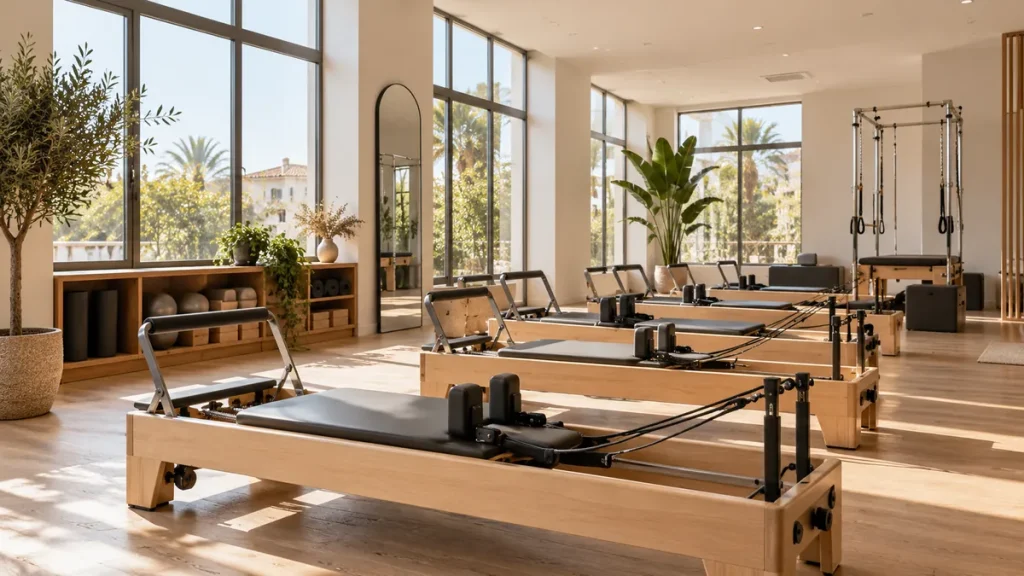 Abrir un estudio de pilates: sala luminosa con reformers alineados