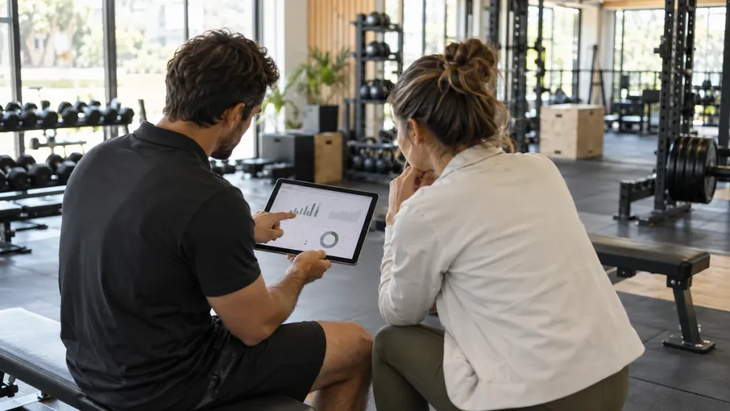 Consultoría de gimnasios: consultor y propietario revisando datos de un centro deportivo
