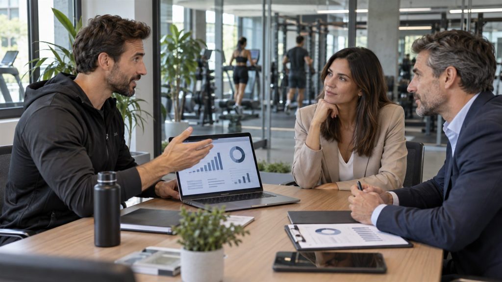 Reunión comercial sobre convenios corporativos para gimnasios