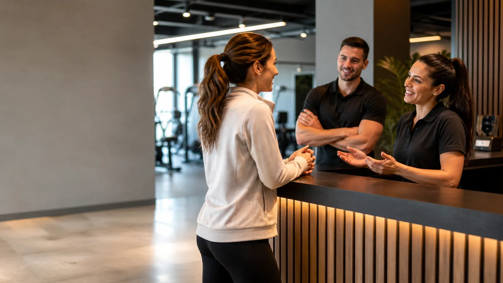 Equipo realizando una formación de atención al cliente para gimnasios