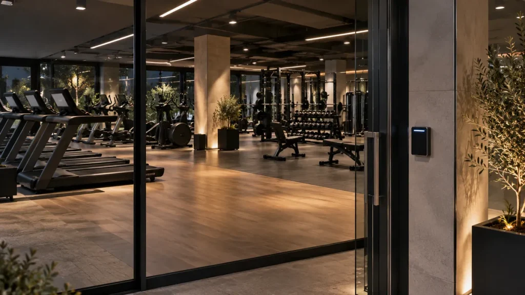 Gimnasio 24 horas con acceso por app y sala vacía iluminada de noche