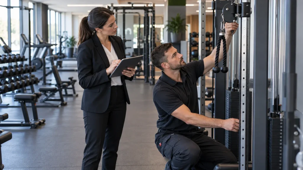 Técnico realizando mantenimiento preventivo para gimnasios