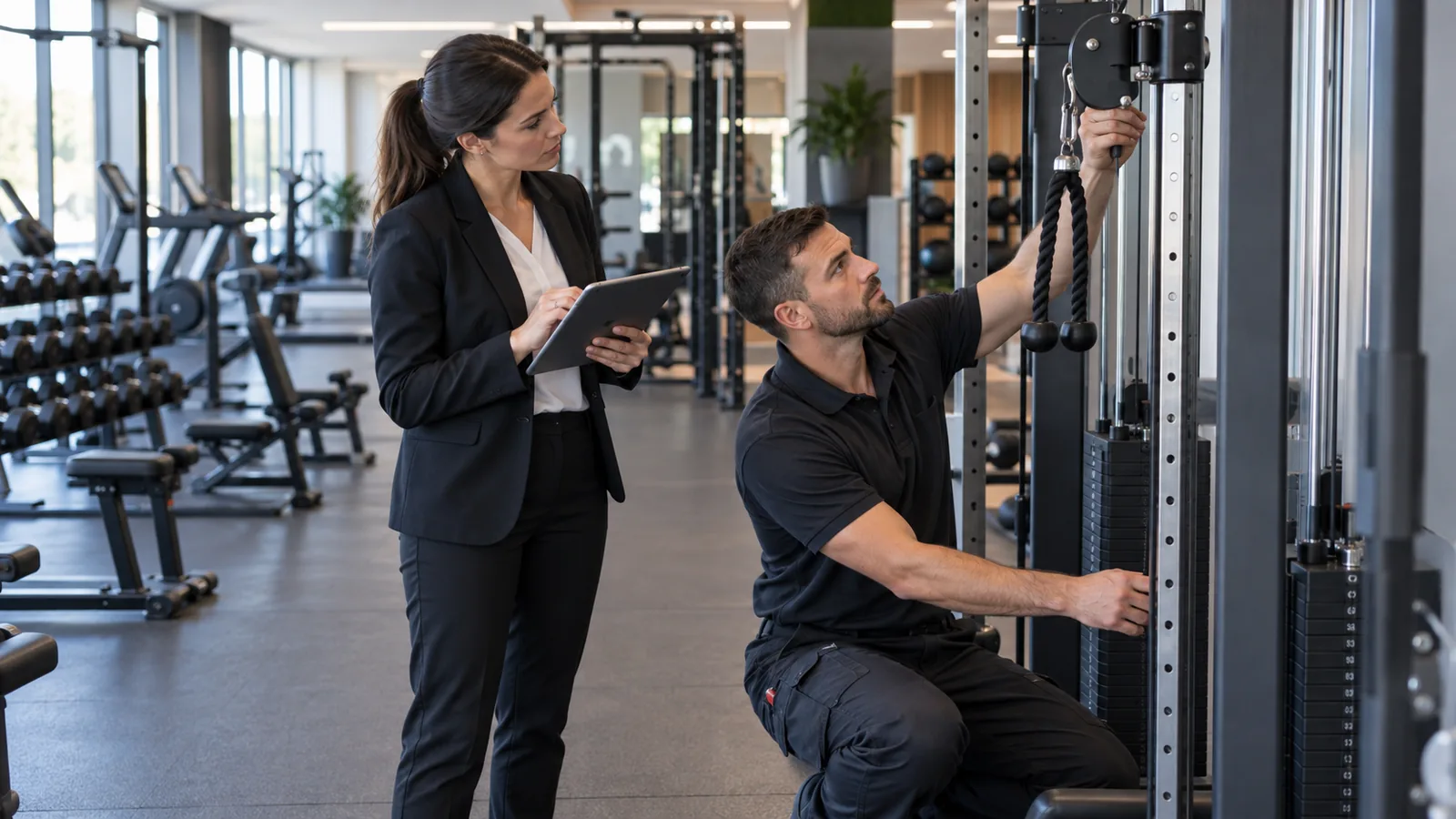 Técnico realizando mantenimiento preventivo para gimnasios