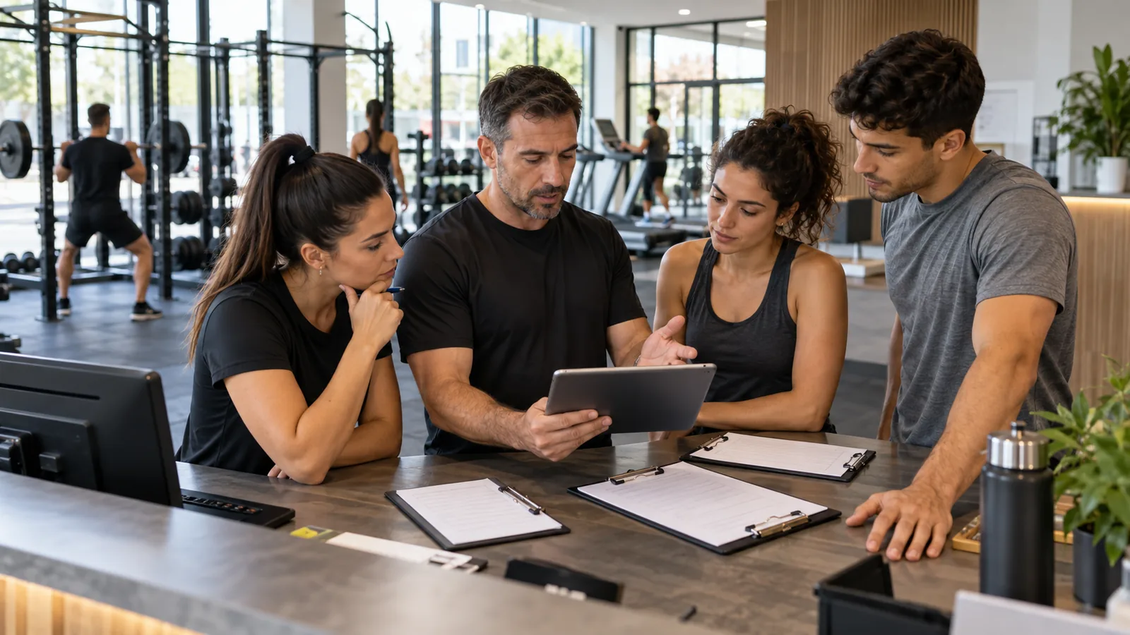 Equipo revisando un manual de operaciones para gimnasios