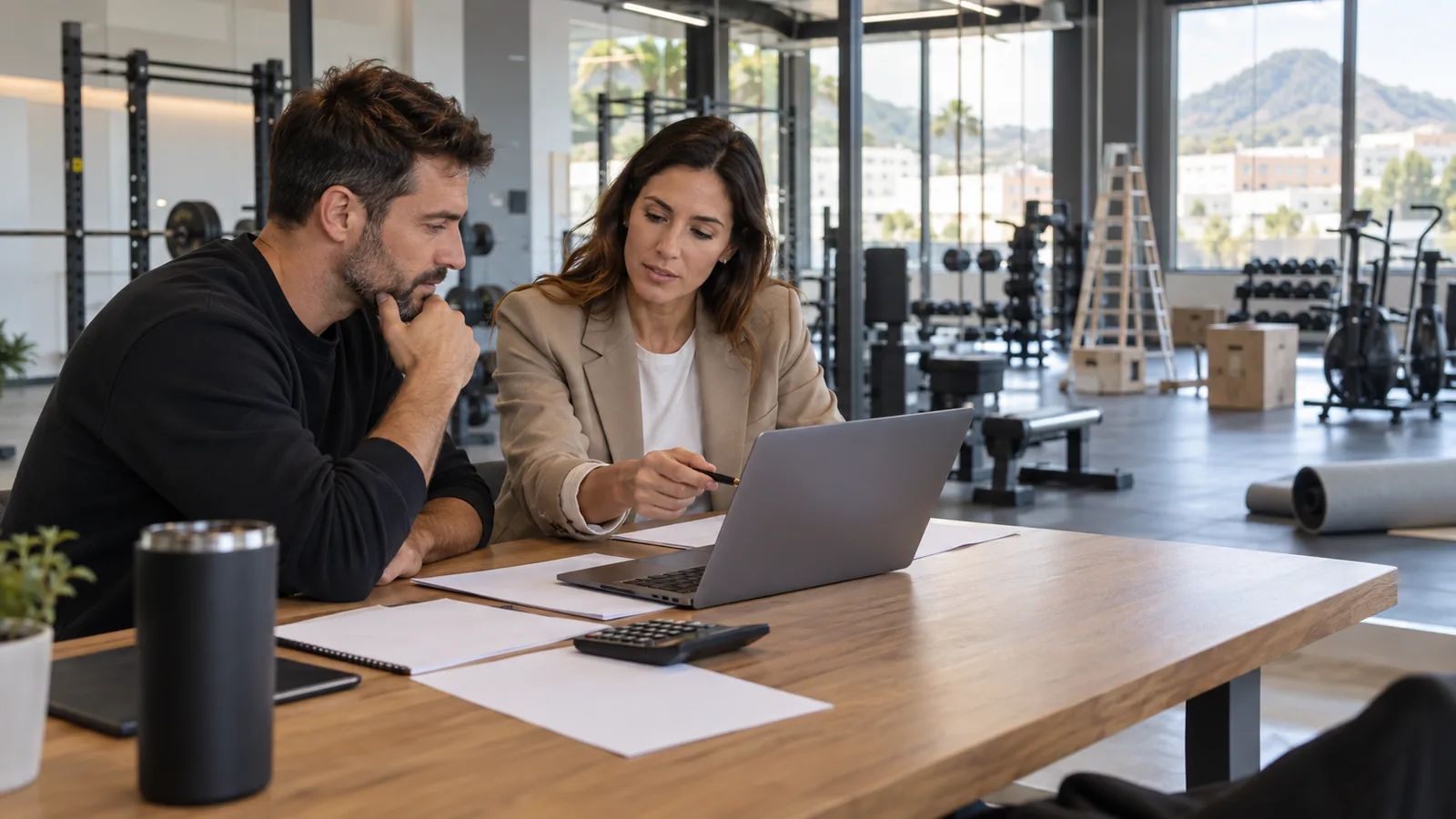 Consultora preparando un plan de tesorería para abrir un gimnasio