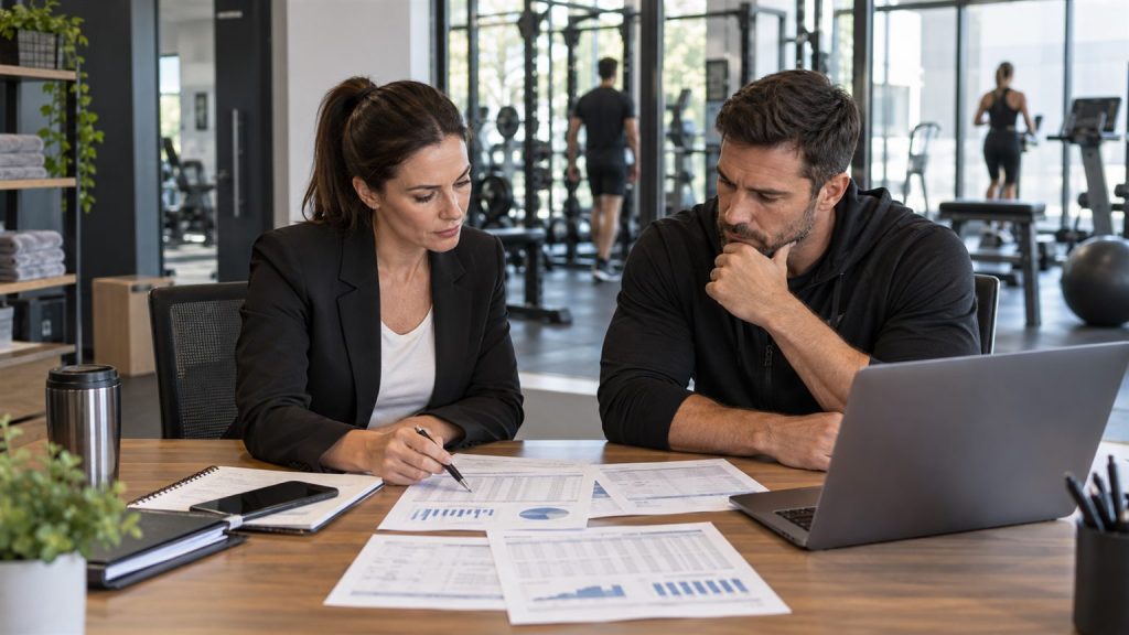 Equipo financiero preparando el presupuesto anual de un gimnasio
