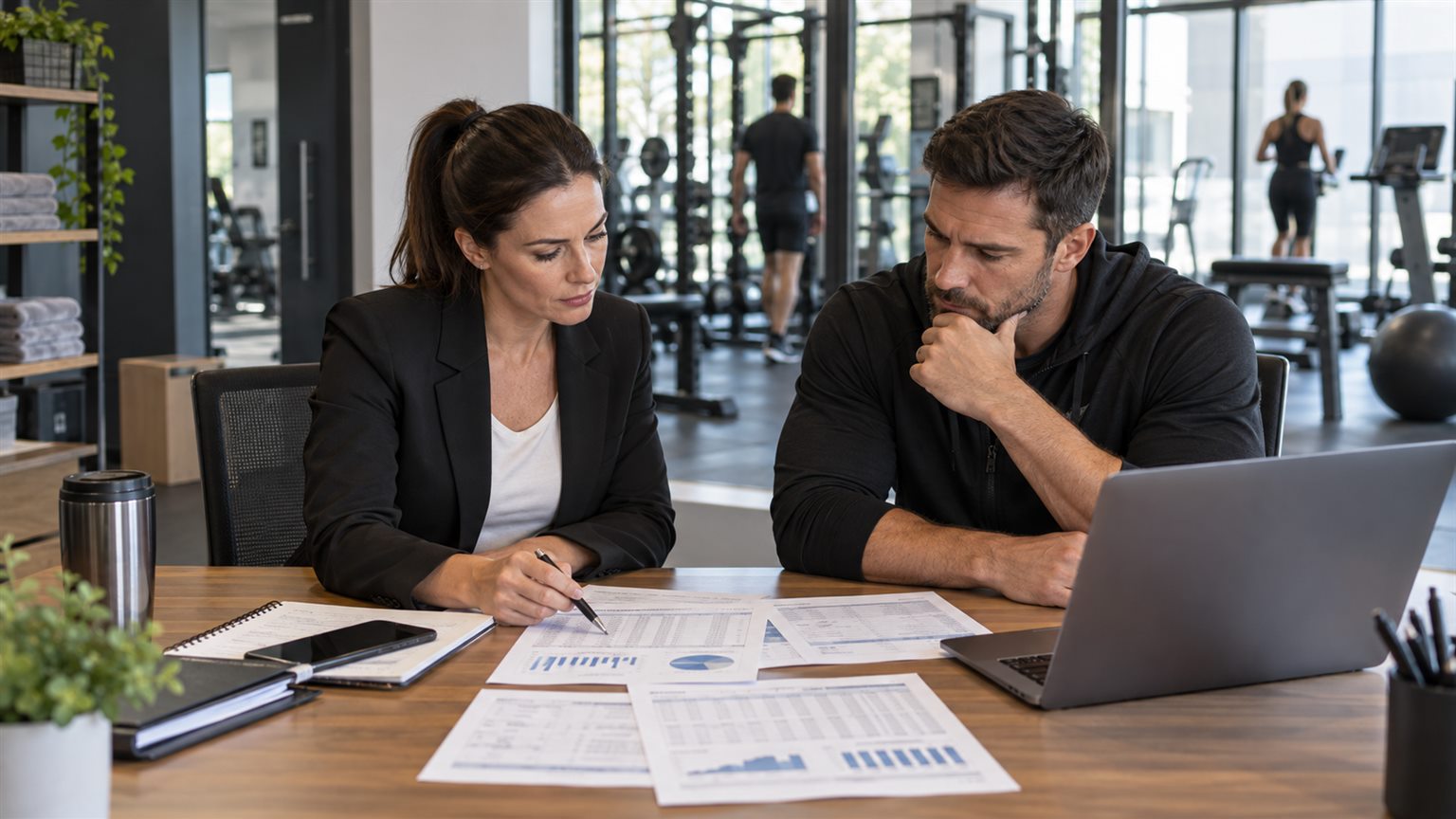 Equipo financiero preparando el presupuesto anual de un gimnasio