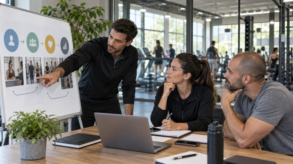Equipo diseñando un programa de referidos para gimnasios