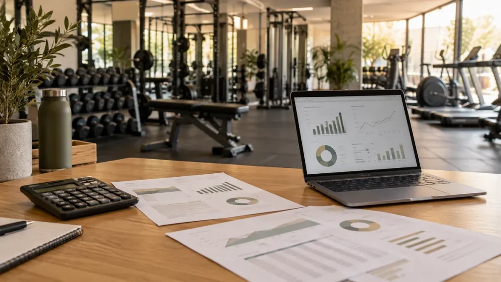 Valoración de un gimnasio: analista revisando cuentas y gráficos de resultados