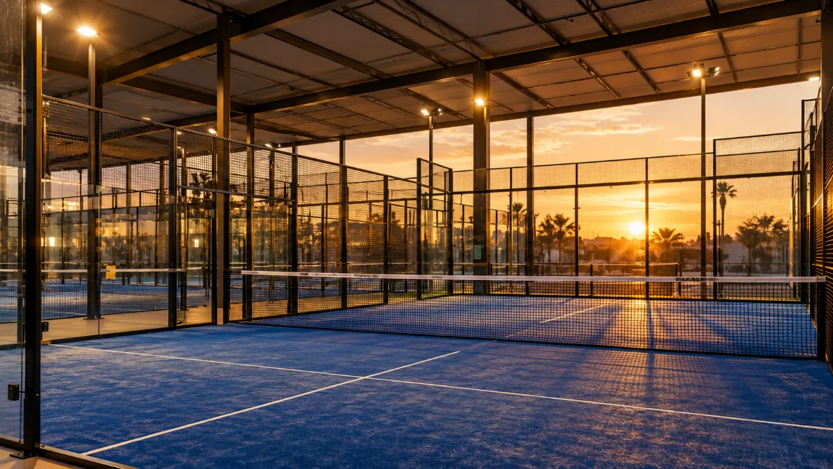 Abrir un club de pádel: pistas cubiertas de un club moderno al atardecer