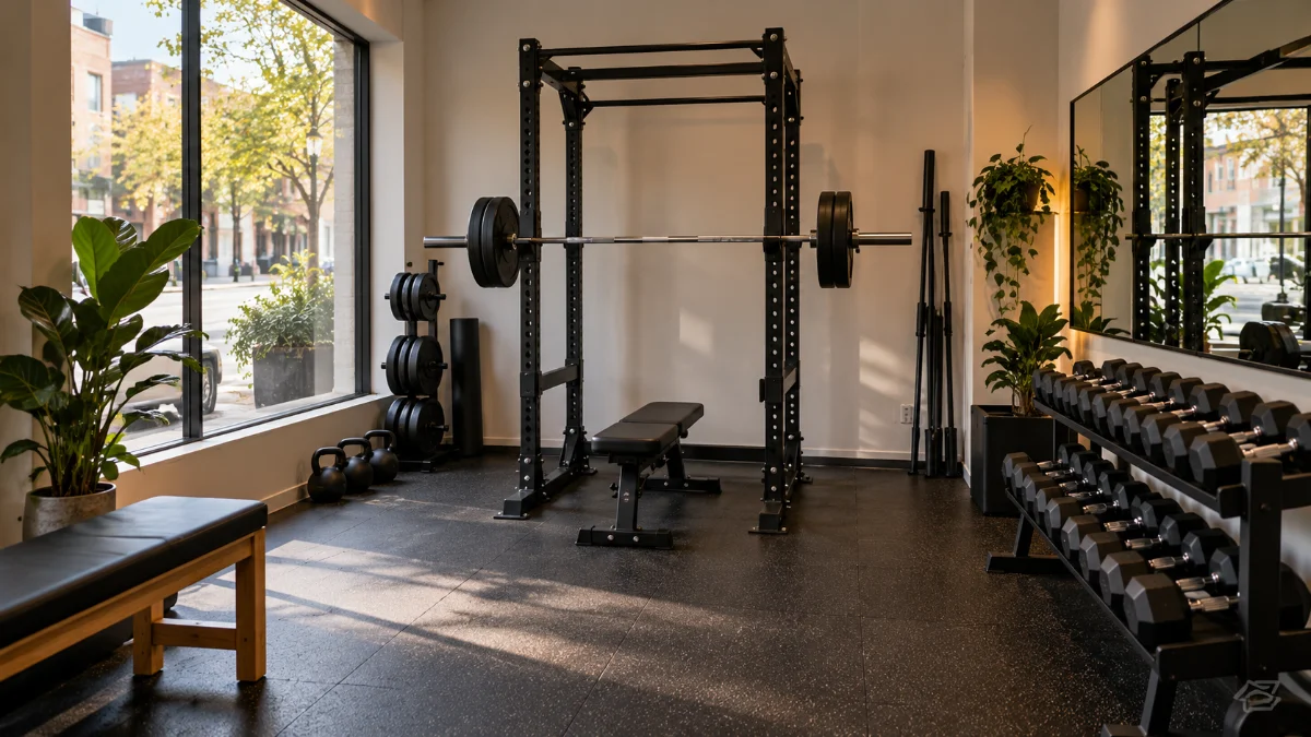 Abrir un gimnasio pequeño: estudio de barrio con rack, mancuernas y espejo