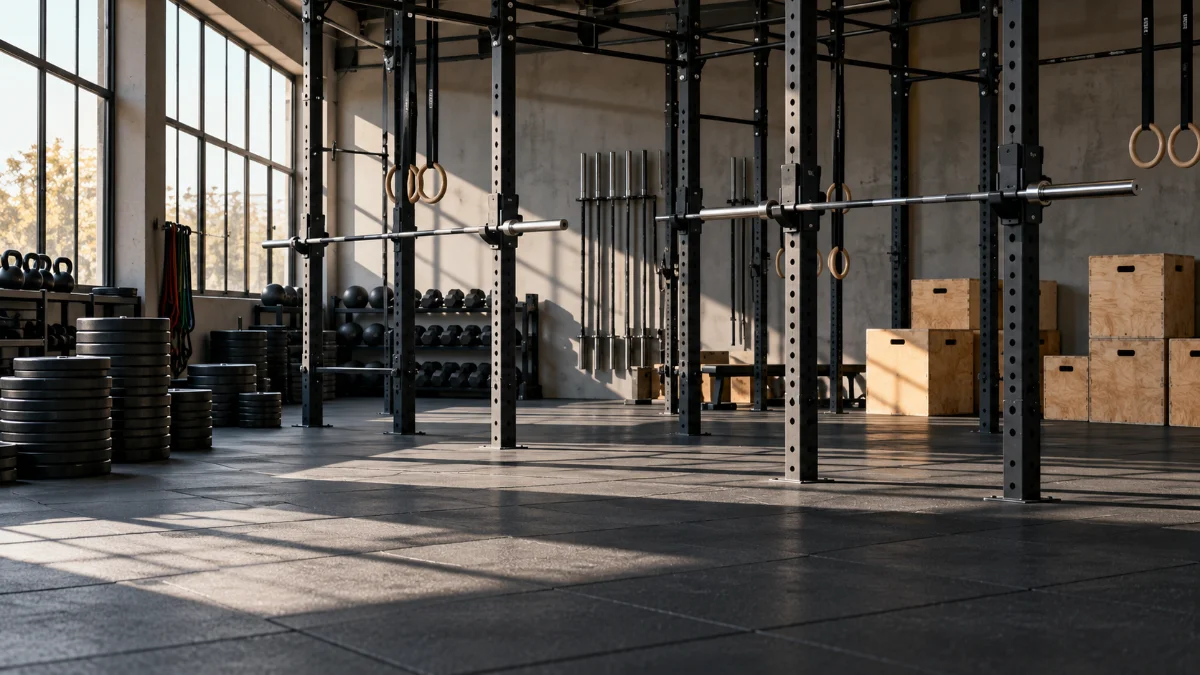 Auditoría de un box de CrossFit: interior del box con barras, discos y anillas