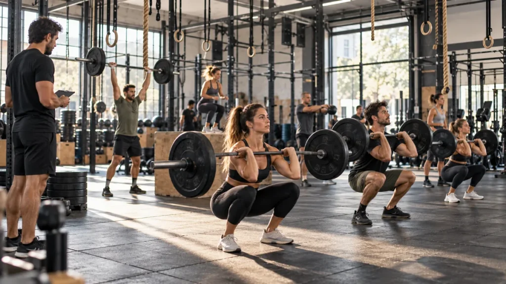 Box de CrossFit: clase en grupo con atletas levantando barras en un box