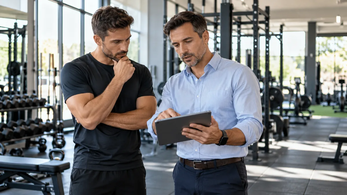 Consultor para gimnasios revisando cifras y un plan con el propietario en un gimnasio moderno