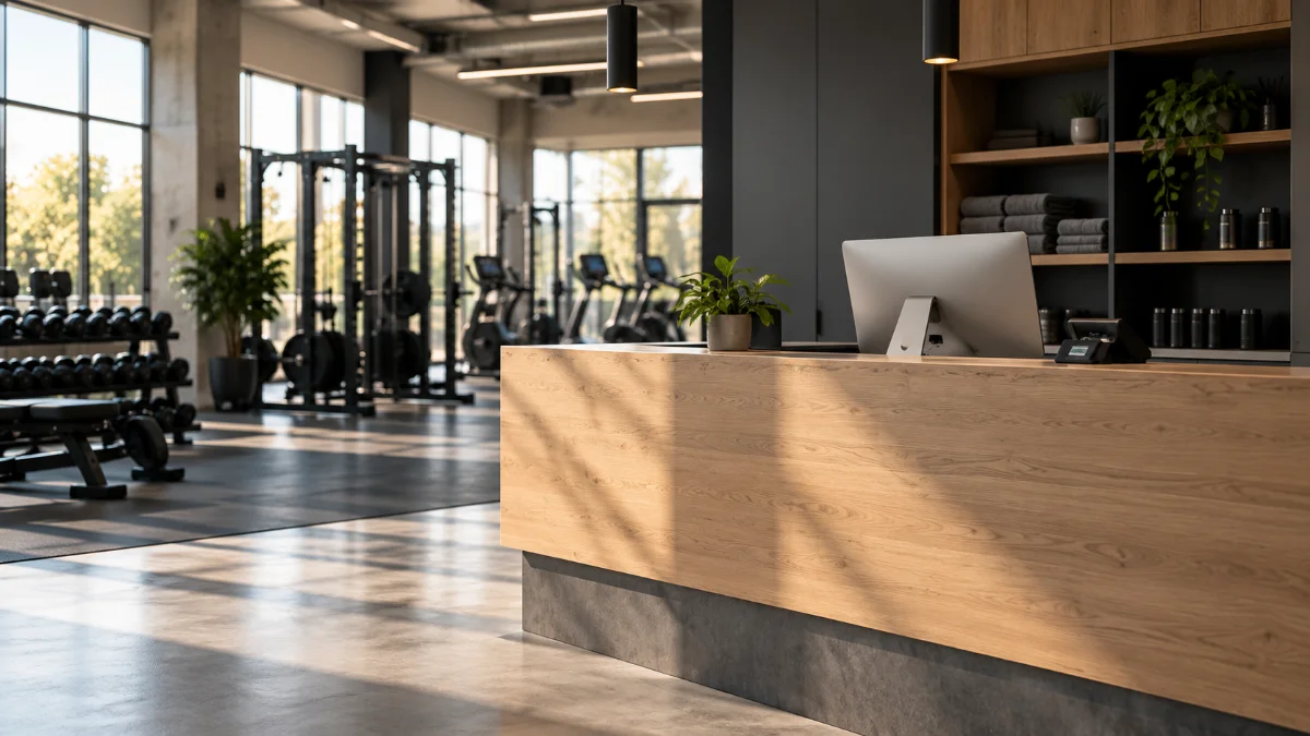 Recepción de un gimnasio moderno, donde se decide si es rentable un gimnasio