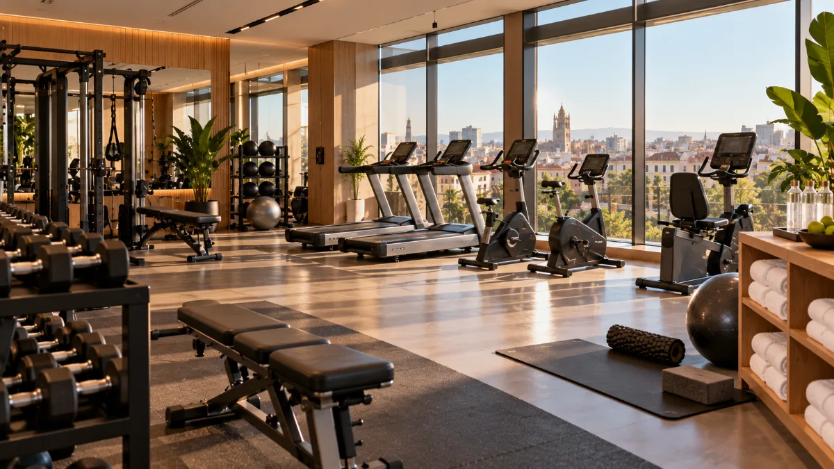 Gimnasio de hotel: sala de fitness luminosa con cardio, mancuernas y zona de estiramientos