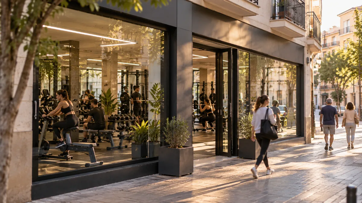 Gimnasio en una ciudad pequeña: fachada de un gimnasio de barrio con el interior visible
