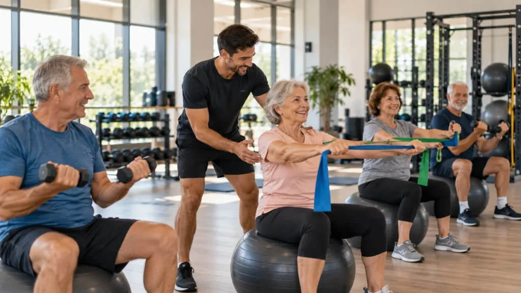 Gimnasio para mayores: grupo senior entrenando con bandas y mancuernas ligeras