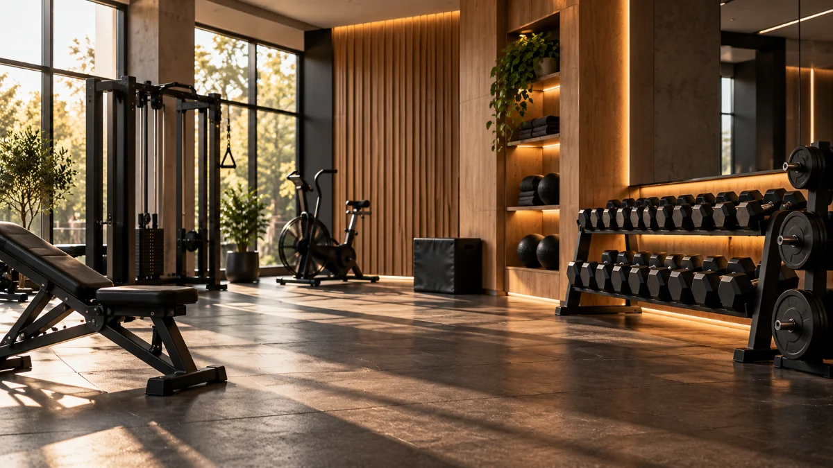 Sala de un gimnasio premium con pocas máquinas y materiales nobles