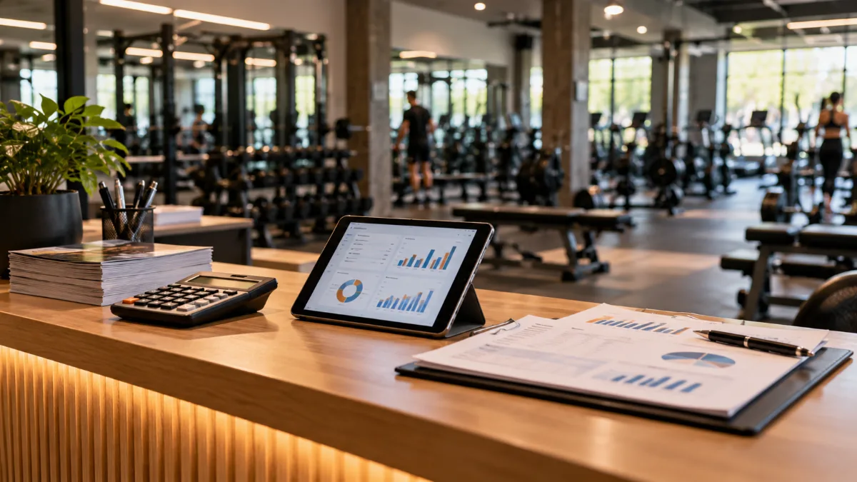 IVA en gimnasios: recepción de un gimnasio con calculadora, tablet y documentos