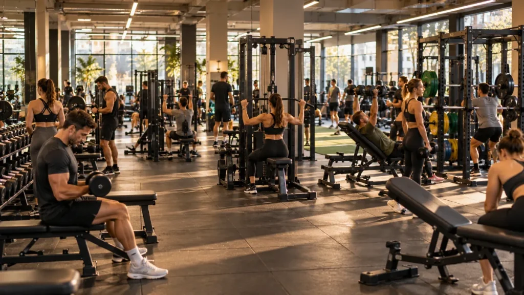 Ocupación de un gimnasio: sala de musculación en hora punta con socios entrenando