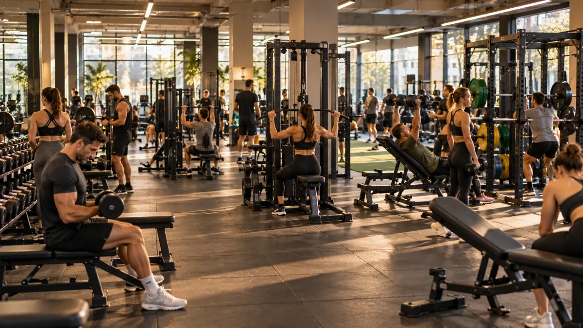 Ocupación de un gimnasio: sala de musculación en hora punta con socios entrenando