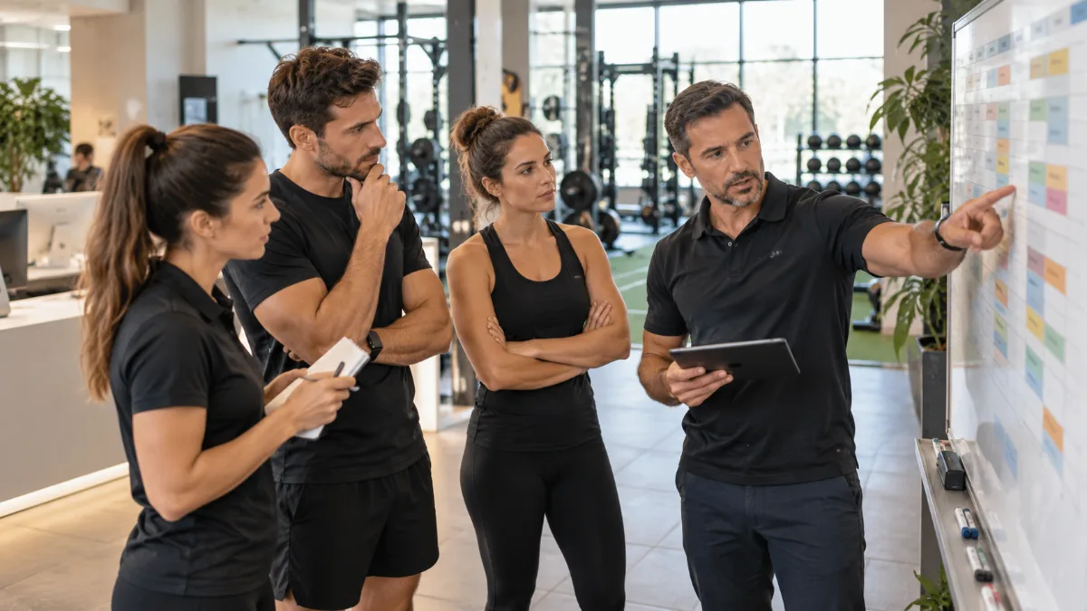 Plantilla de un gimnasio: equipo coordinando turnos junto a un cuadrante en la pizarra
