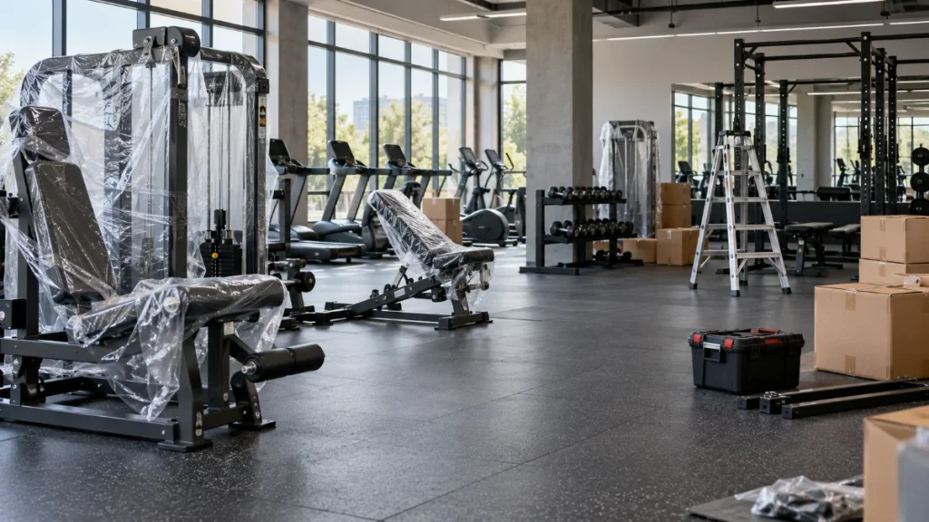 Preapertura de un gimnasio: sala en montaje con máquinas aún embaladas