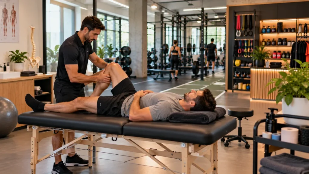 Servicios complementarios en un gimnasio: sala de fisioterapia y recuperación junto a la zona de entrenamiento